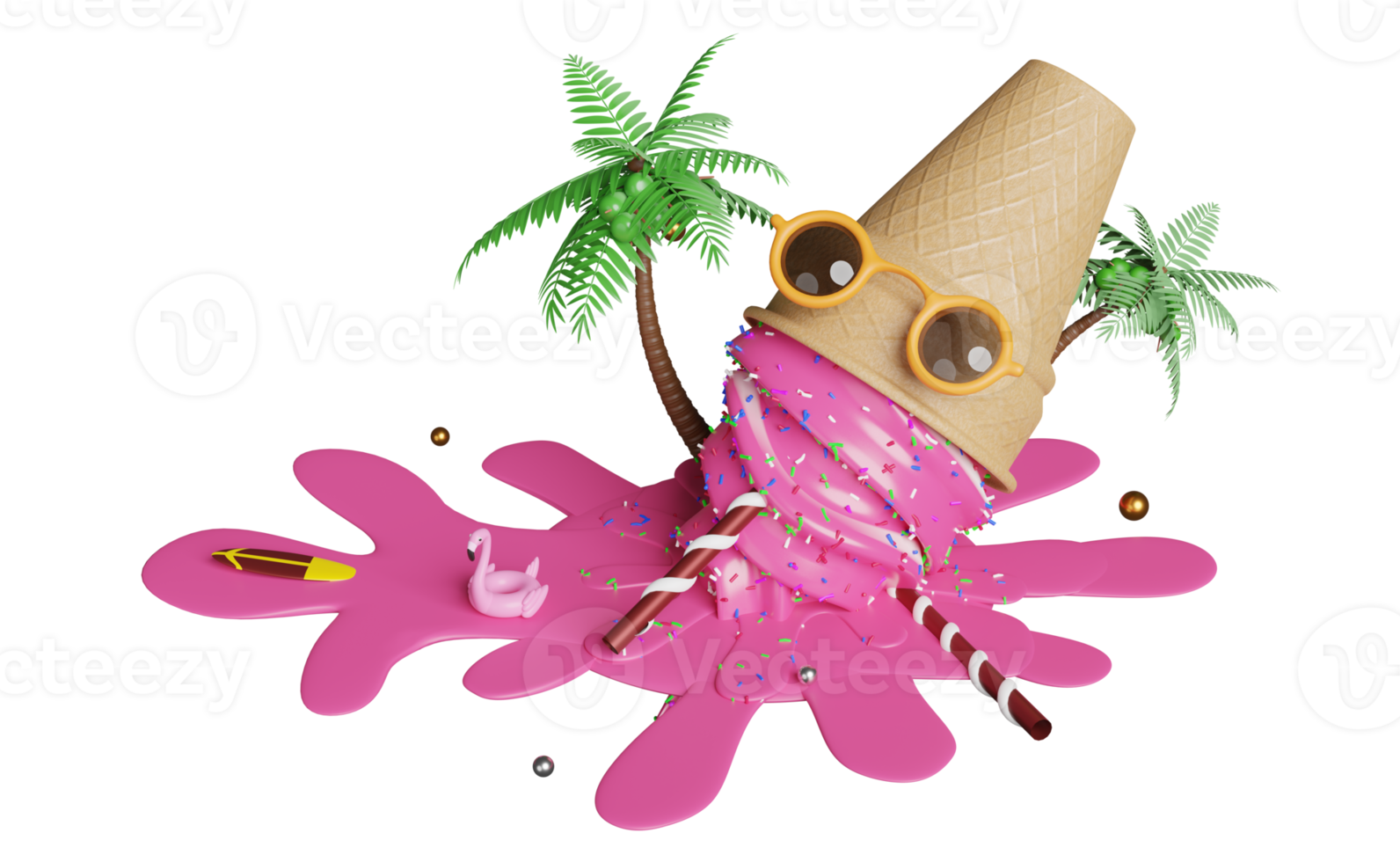 ice cream strawberry with topping in waffle cones fallen, coconut tree, Inflatable flamingo, beach chair, sunglasses isolated. 3d illustration or 3d render png