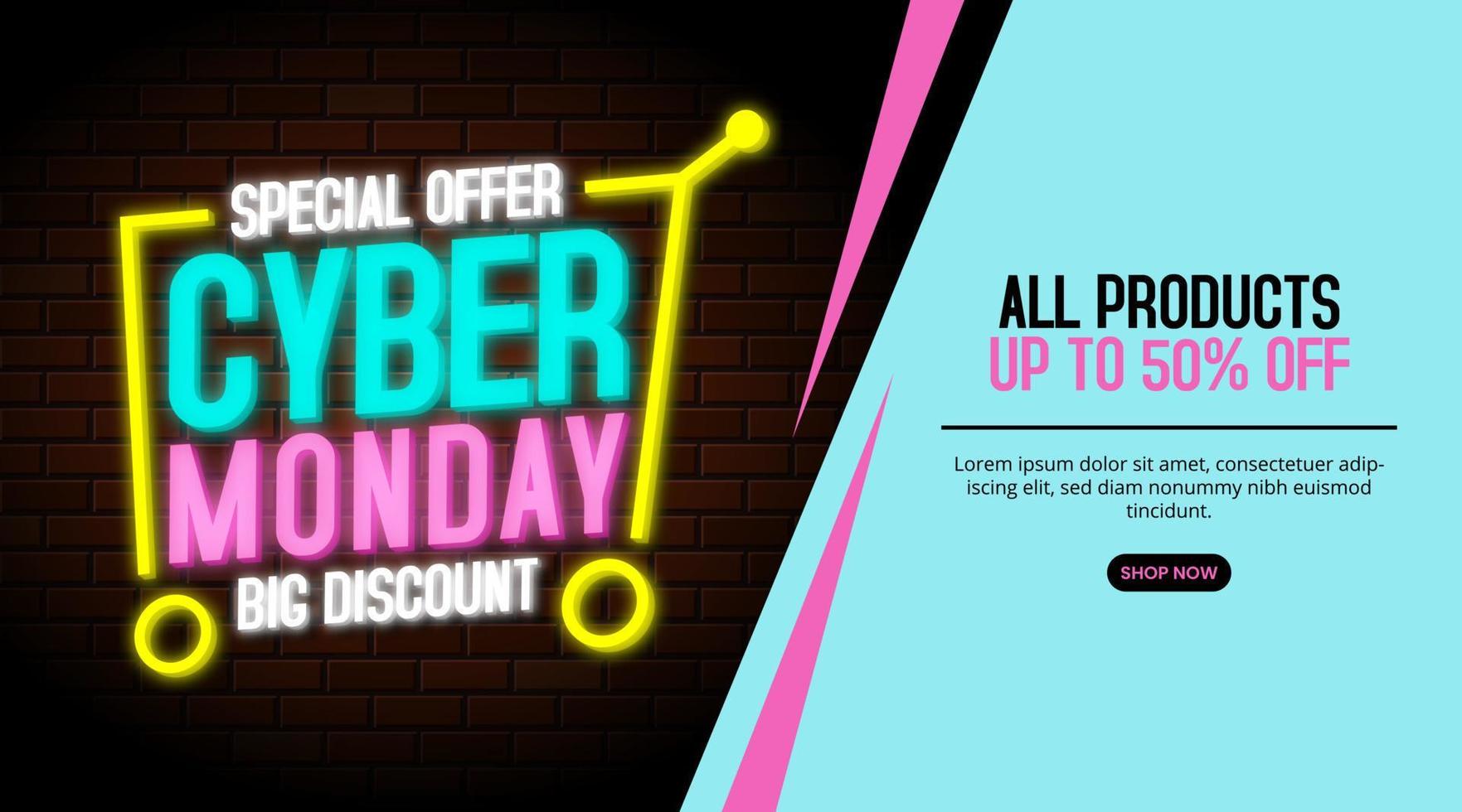 Cyber Monday sale background with neon text decoration vector