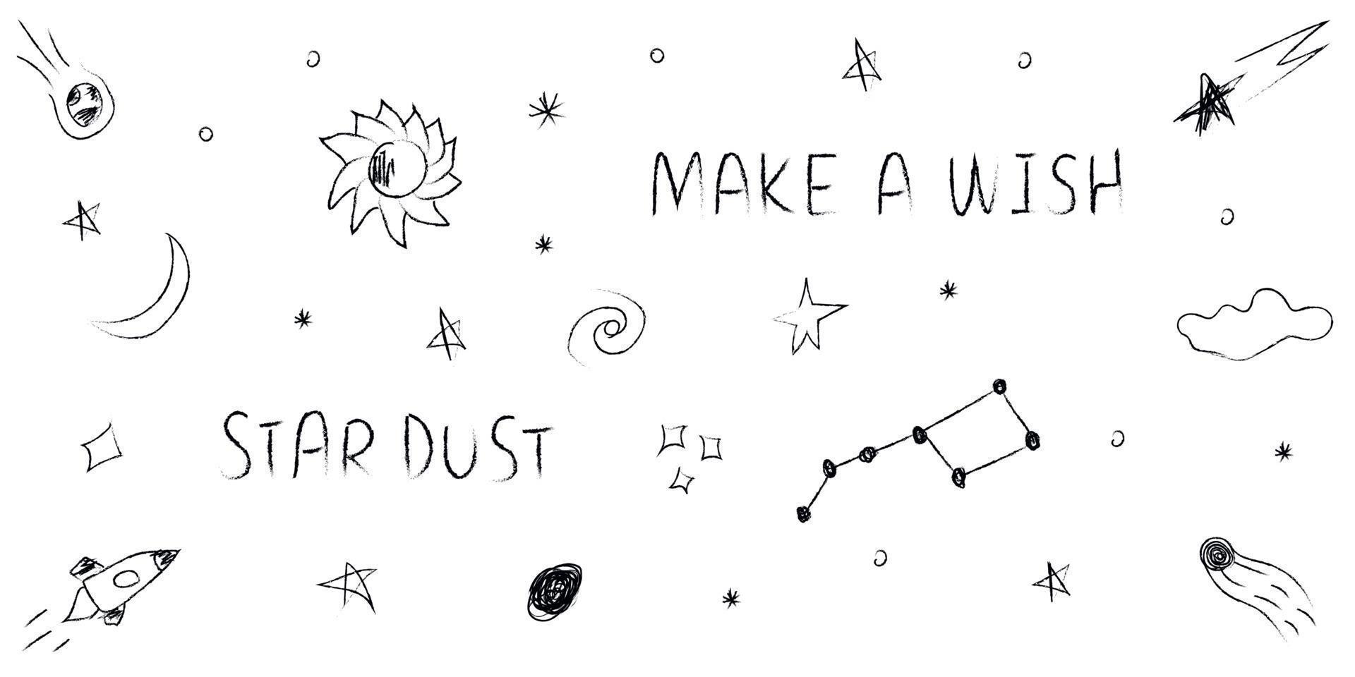 Doodle cosmos illustration set in childish style, design clipart. Hand drawn abstract space elements with lettering. Black and white. vector