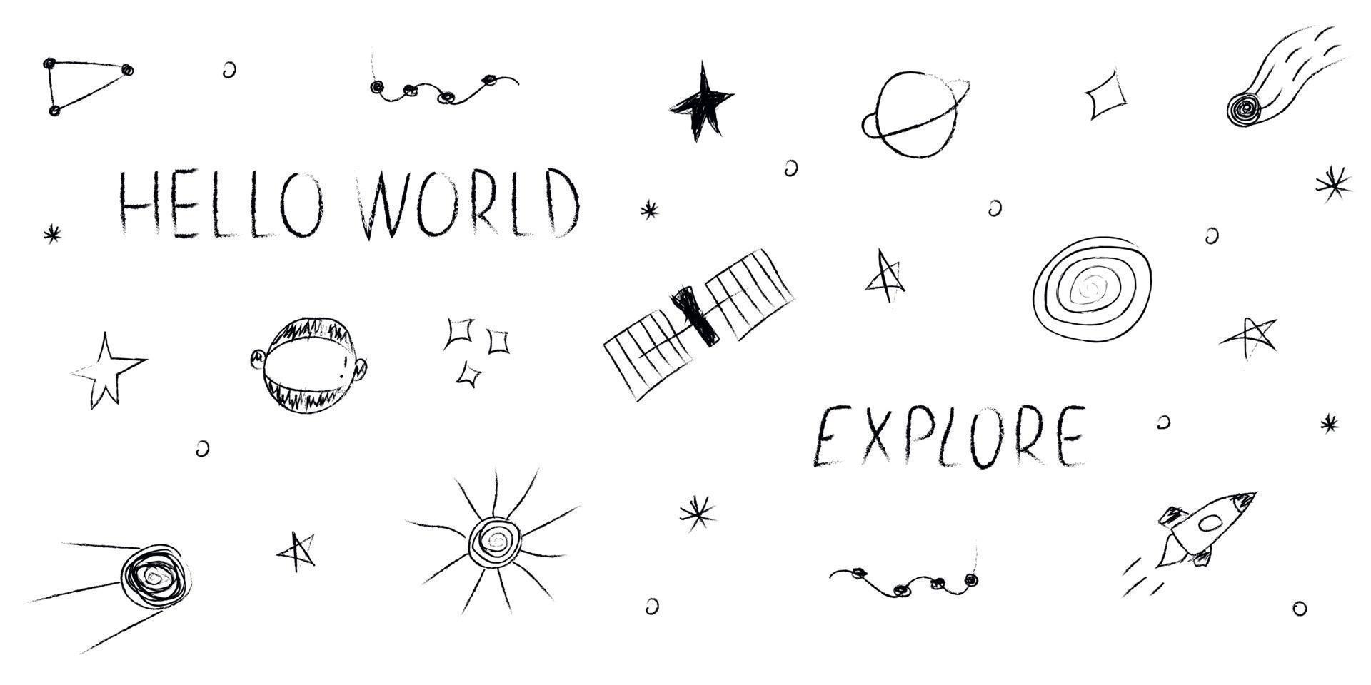 doodle cosmos ilustración ambientada en estilo infantil, clipart de diseño. elementos espaciales abstractos dibujados a mano con letras. en blanco y negro. vector