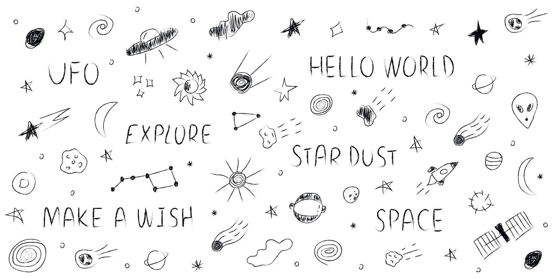 Doodle cosmos illustration set in childish style, design clipart. Hand drawn abstract space elements with lettering. Black and white. vector