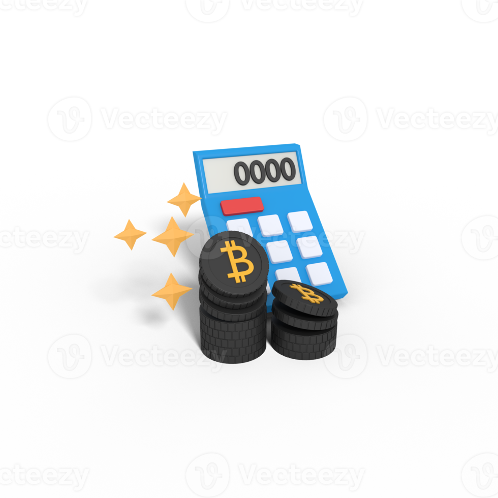3d illustration of counting bitcoins with calculator png
