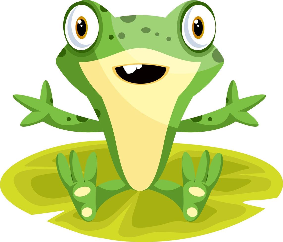 Cheerful cartoon frog sitting on a leaf, illustration, vector on white background.