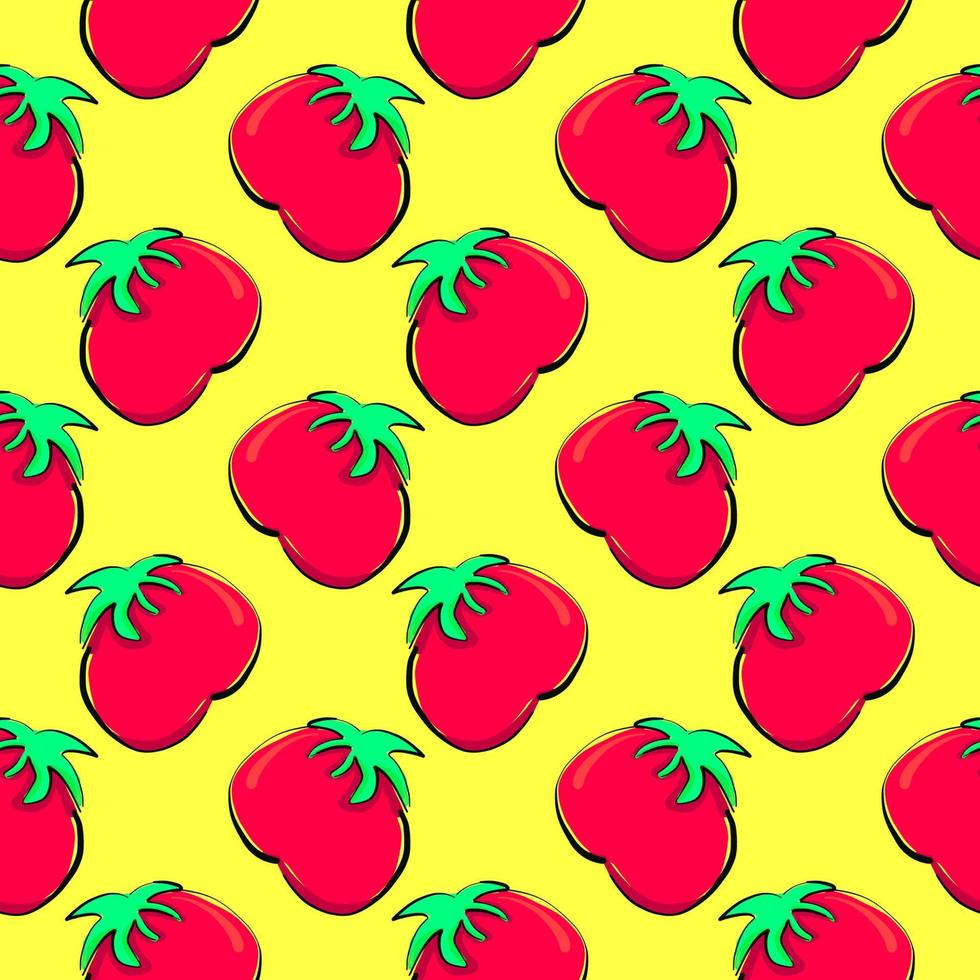 Weird red tomato,seamless pattern on yellow background. vector