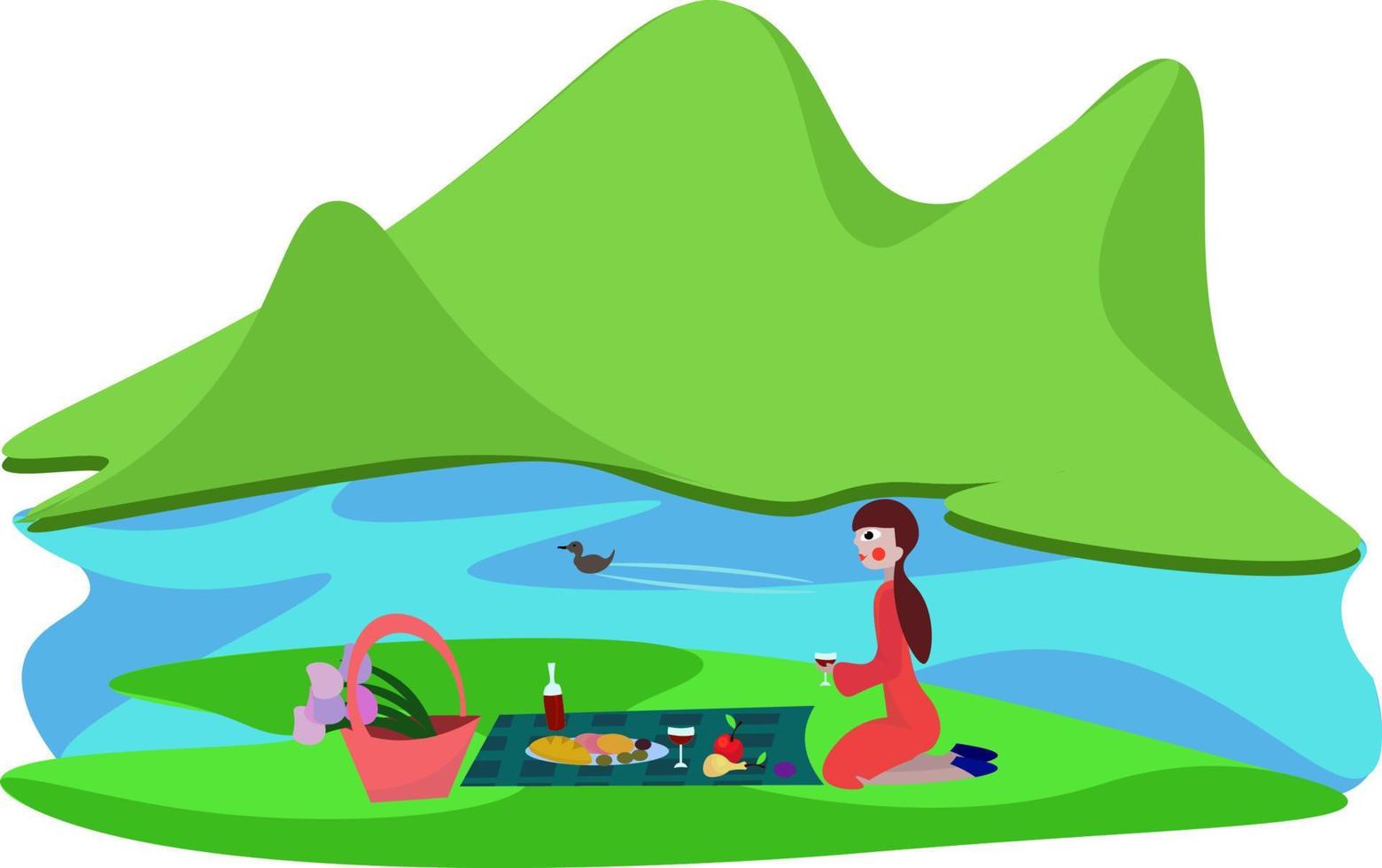 mujer de picnic, ilustración, vector sobre fondo blanco.