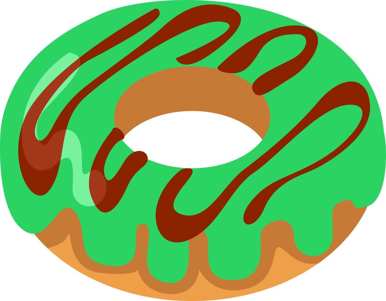 Donut with green cream and caramel, illustration, vector on a white background