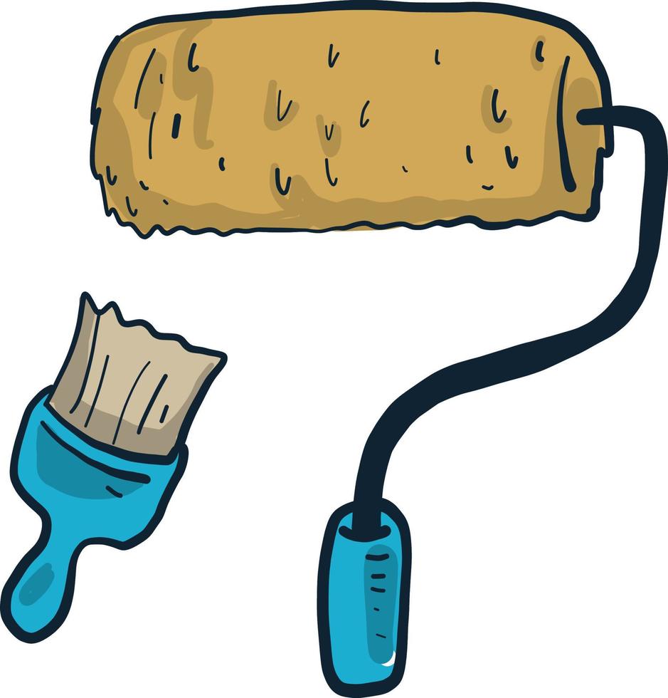 Paint roller and a brush , illustration, vector on white background