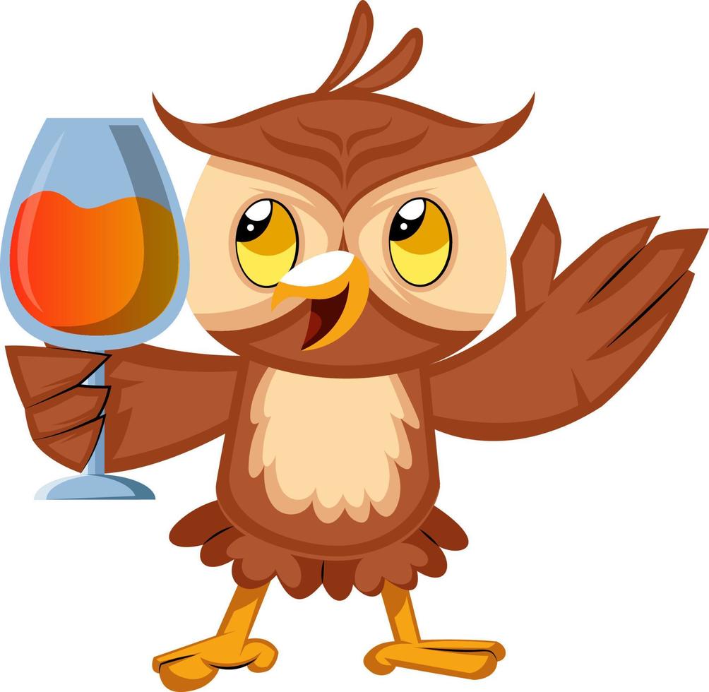 Owl with drink, illustration, vector on white background.