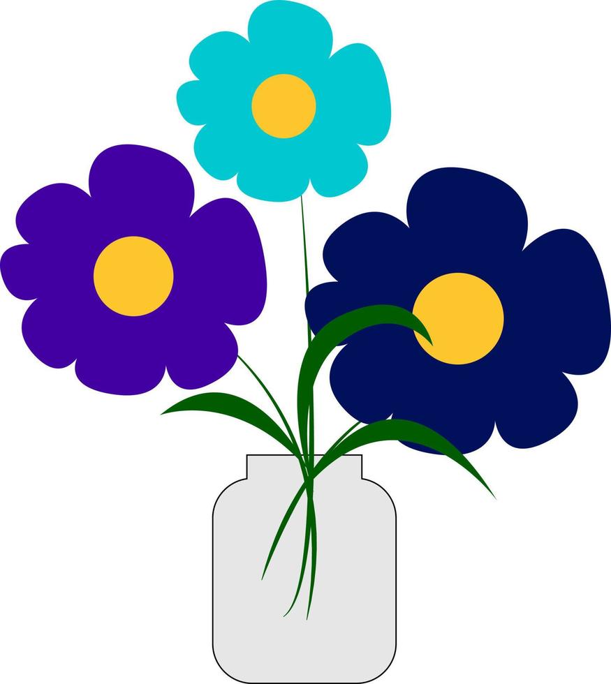 Blue colored flowers in vase, illustration, vector on white background.