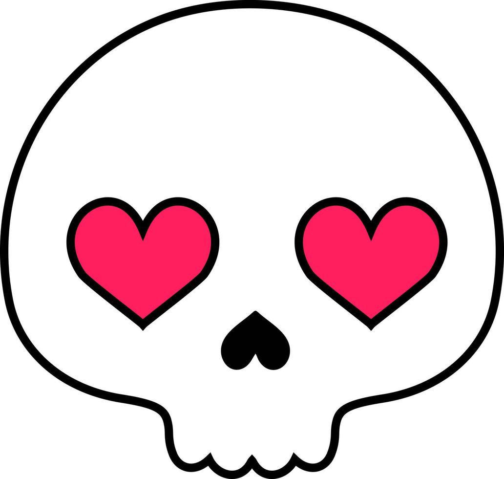 Skull with heart shaped eyes.  Valentine's Day greeting card. Skull and pink hearts. Vector illustration