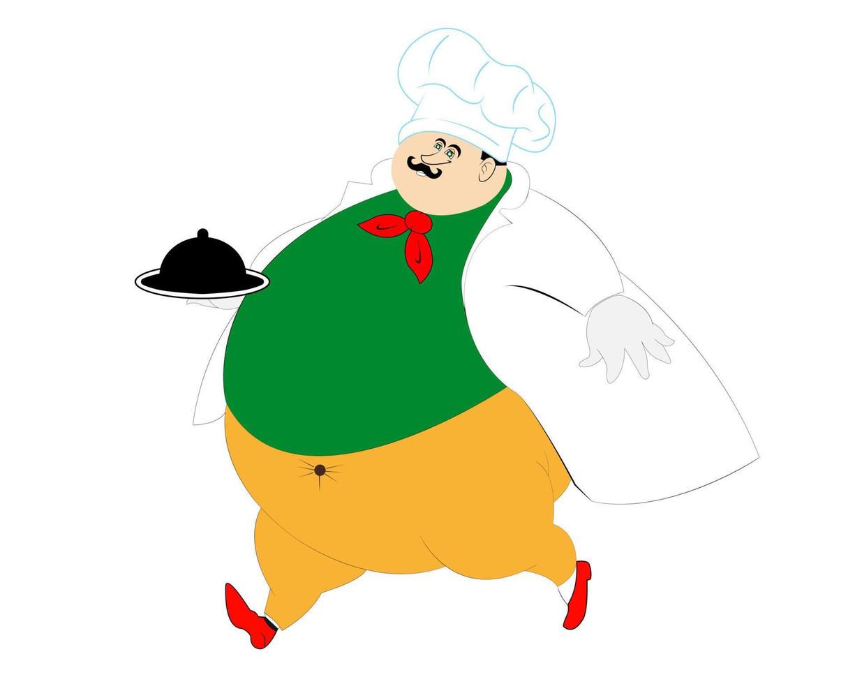 fat chef submits food on a white background vector