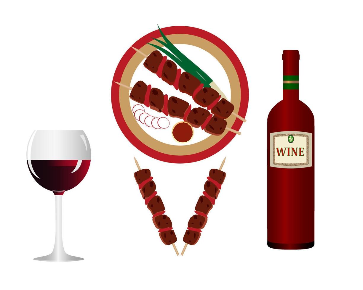 skewers bottle of wine glass of wine on a white background vector