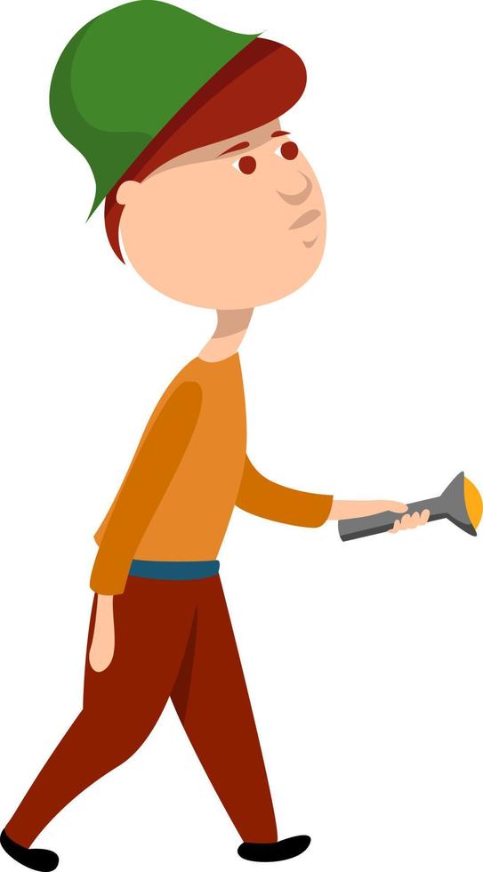 Boy with flashlight , illustration, vector on white background