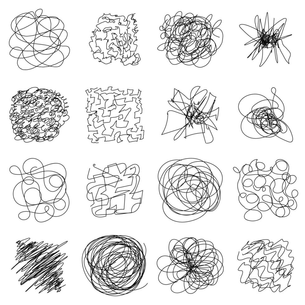 Set of Hand drawing random chaotic lines. Insane tangled scribble clew. Black design abstract scrawl scribbles. Vector illustration