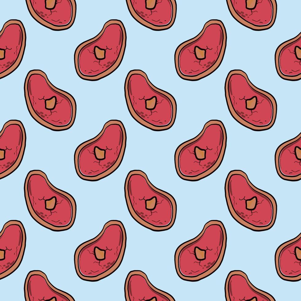 Fried steak slices, seamless pattern on blue background. vector