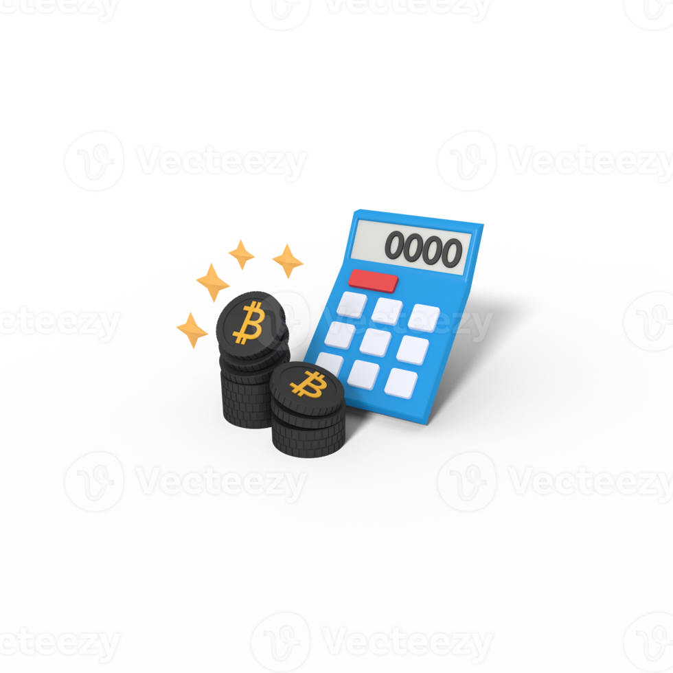 3d illustration of counting bitcoins with calculator png