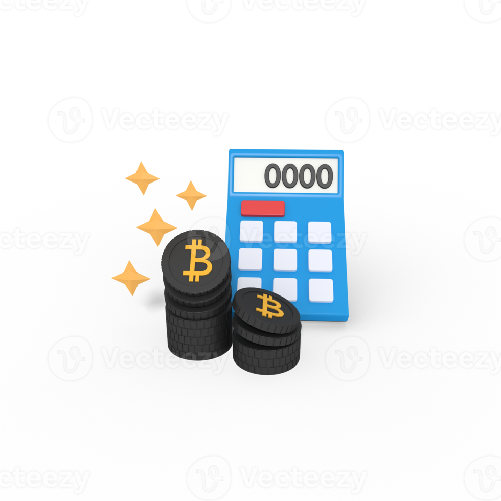 3d illustration of counting bitcoins with calculator png