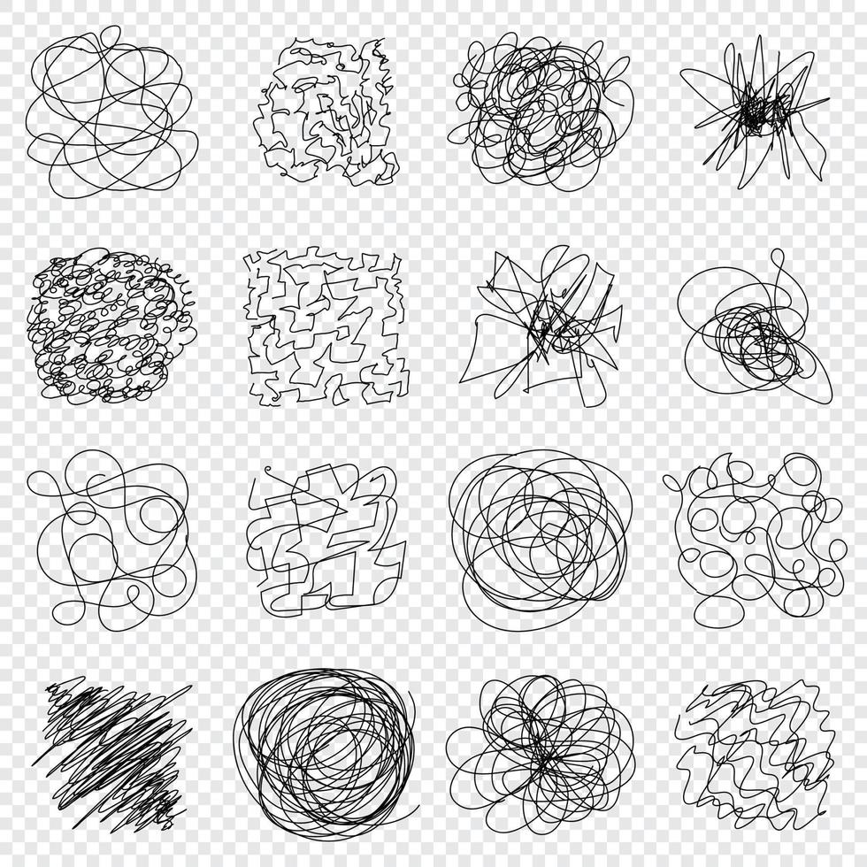 Set of Hand drawing random chaotic lines. Insane tangled scribble clew. Black design abstract scrawl scribbles. Vector illustration