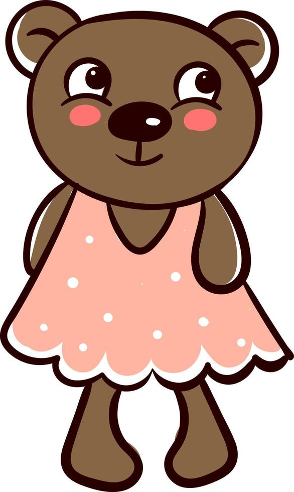 Bear in a pink dress, illustration, vector on a white background.