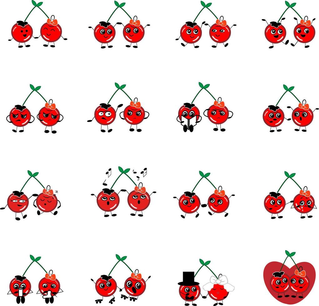 Emotional cherries, illustration, vector on a white background.