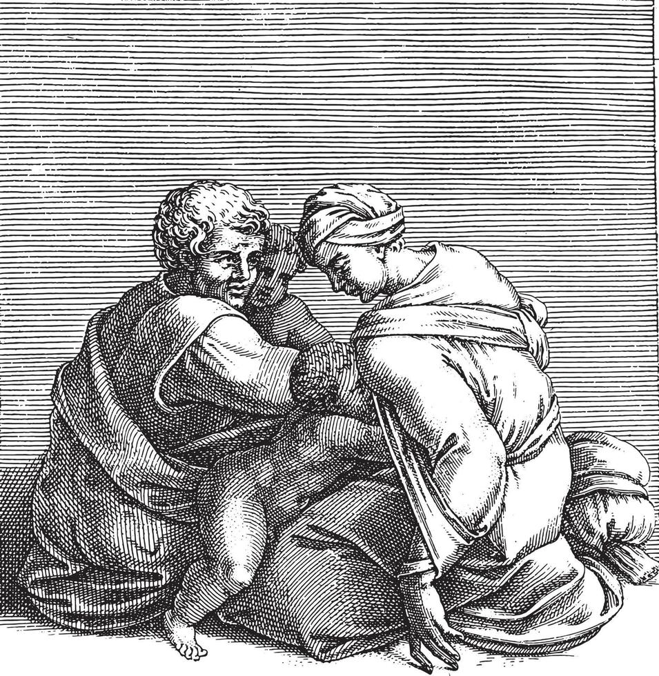 Man and Woman with Two Children, Adamo Scultori, after Michelangelo, 1585, vintage illustration. vector