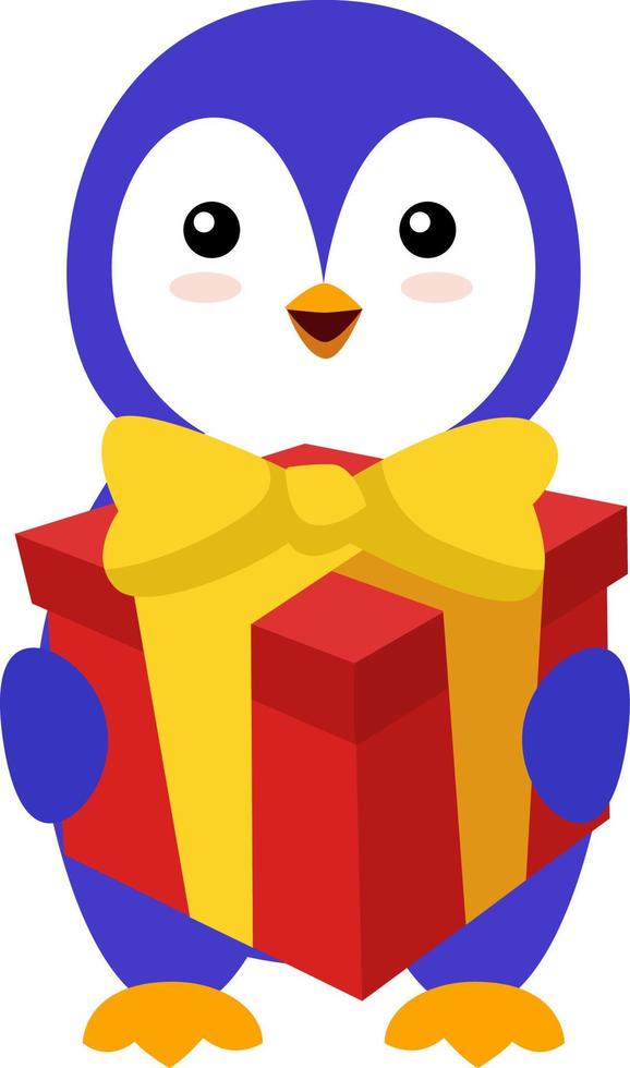 Pingüino con regalo de cumpleaños, ilustración, vector sobre fondo blanco.