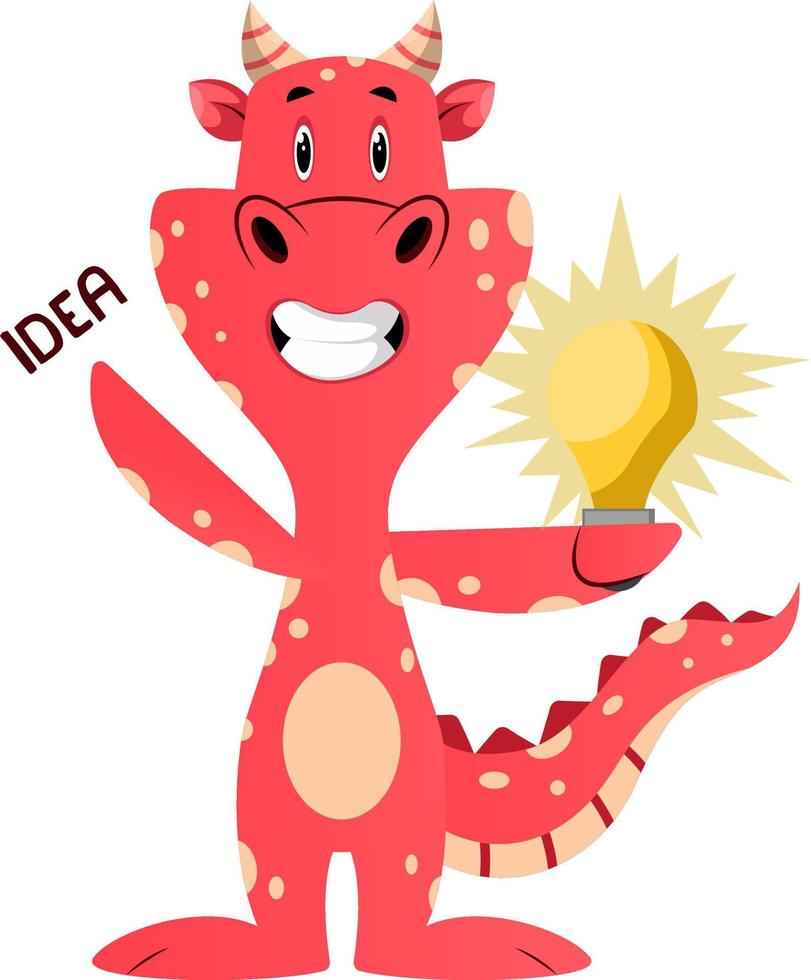 Red dragon is holding bulb, illustration, vector on white background.