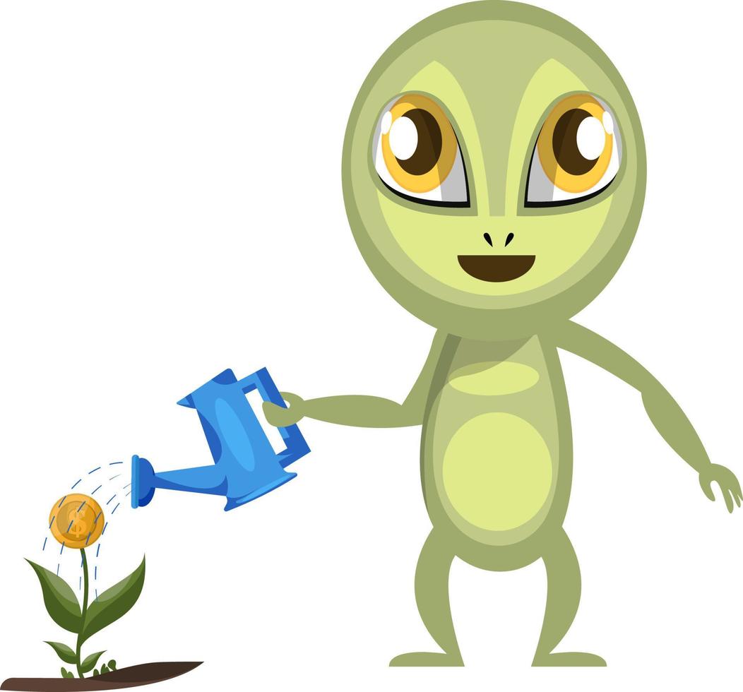 Alien watering flowers, illustration, vector on white background.