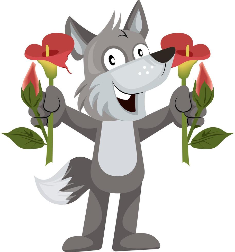 Wolf with flowers, illustration, vector on white background.