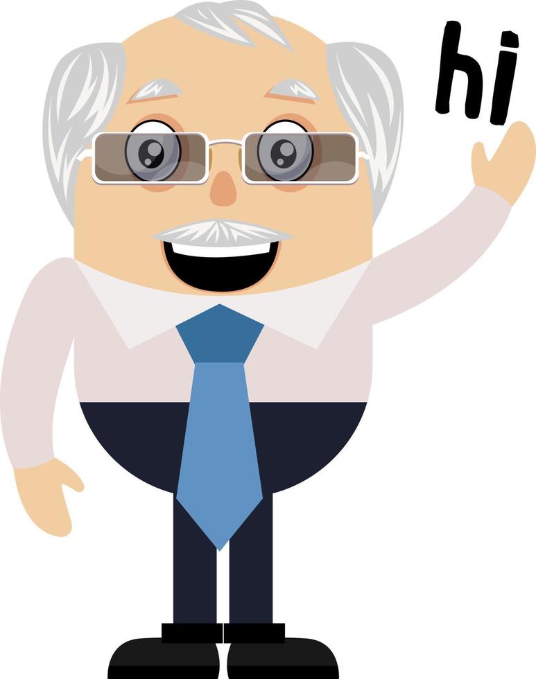 Old man saying hi, illustration, vector on white background.