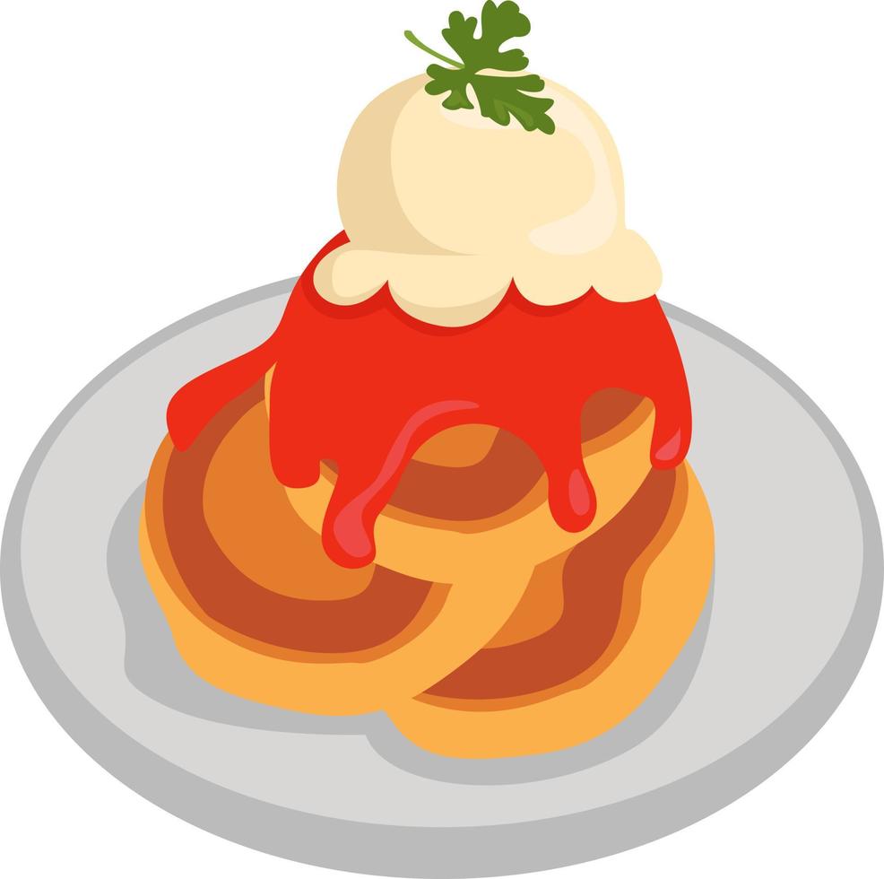 Pancakes with ice cream, illustration, vector on white background.