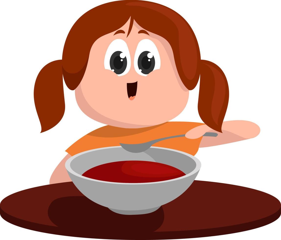 Girl eating large bowl of soup, illustration, vector on white background