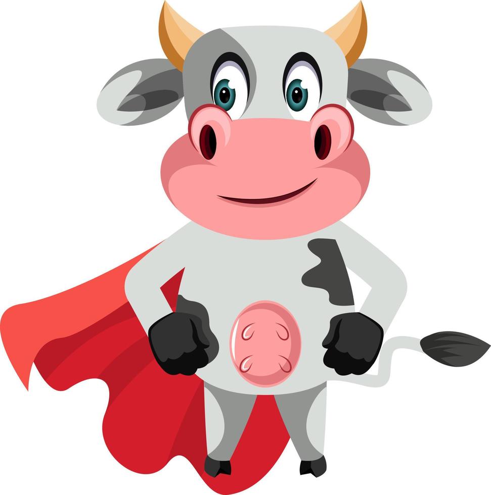 Vaca con capa roja, ilustración, vector sobre fondo blanco.