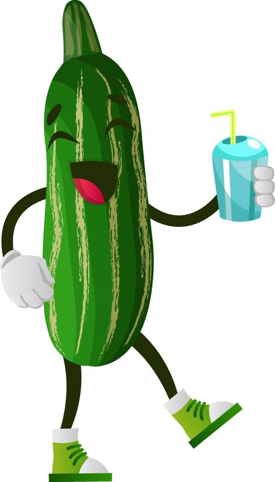 Cucumber drinking soda, illustration, vector on white background.