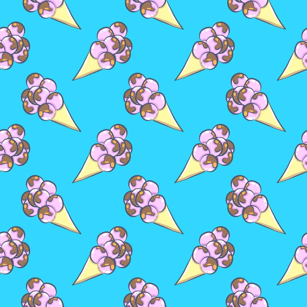 Big ice cream in a cone , seamless pattern on a blue background. vector