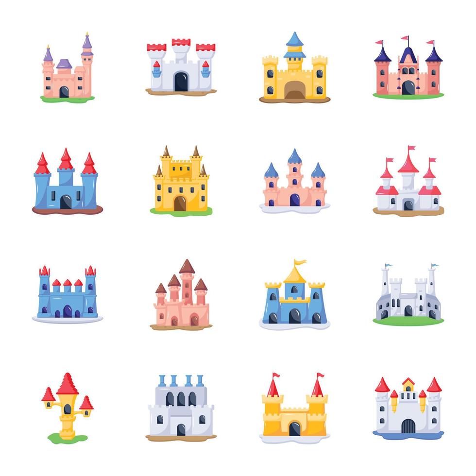 Pack of Castle Buildings Flat Icons vector