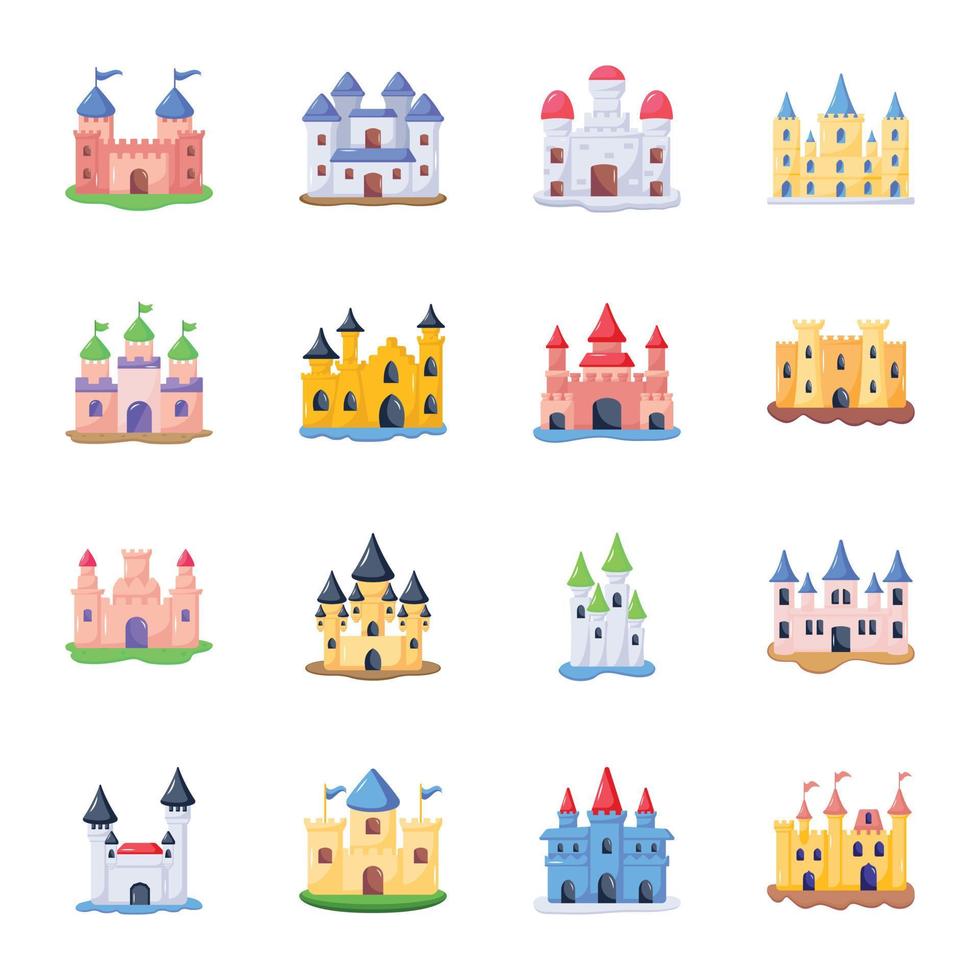 paquete de iconos planos de edificios del castillo vector