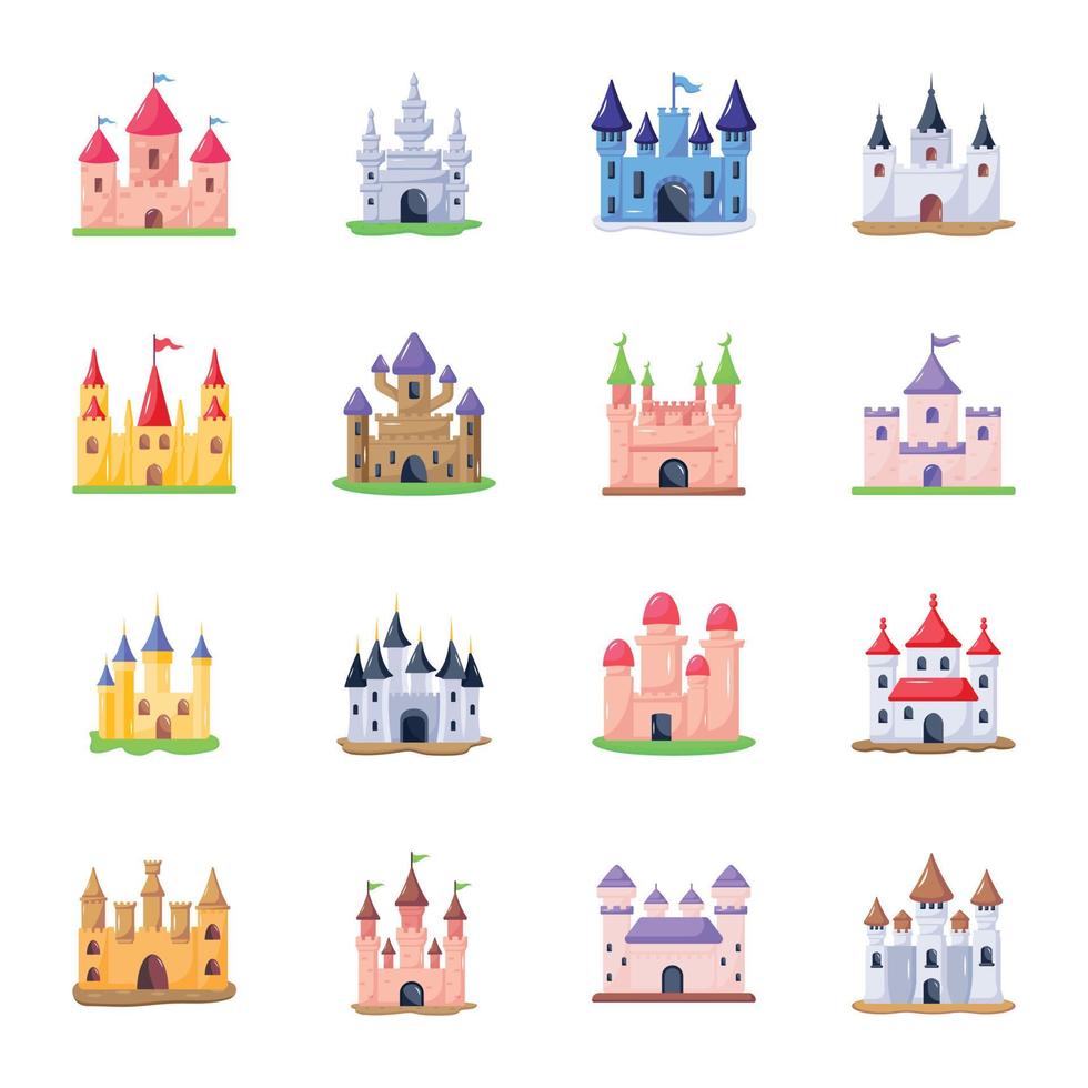 paquete de iconos planos de edificios del castillo vector