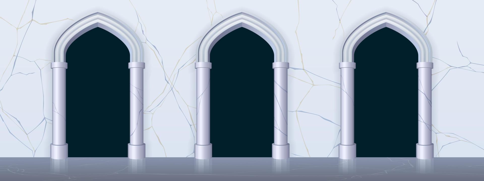 Arches with columns at marble wall, interior gates vector