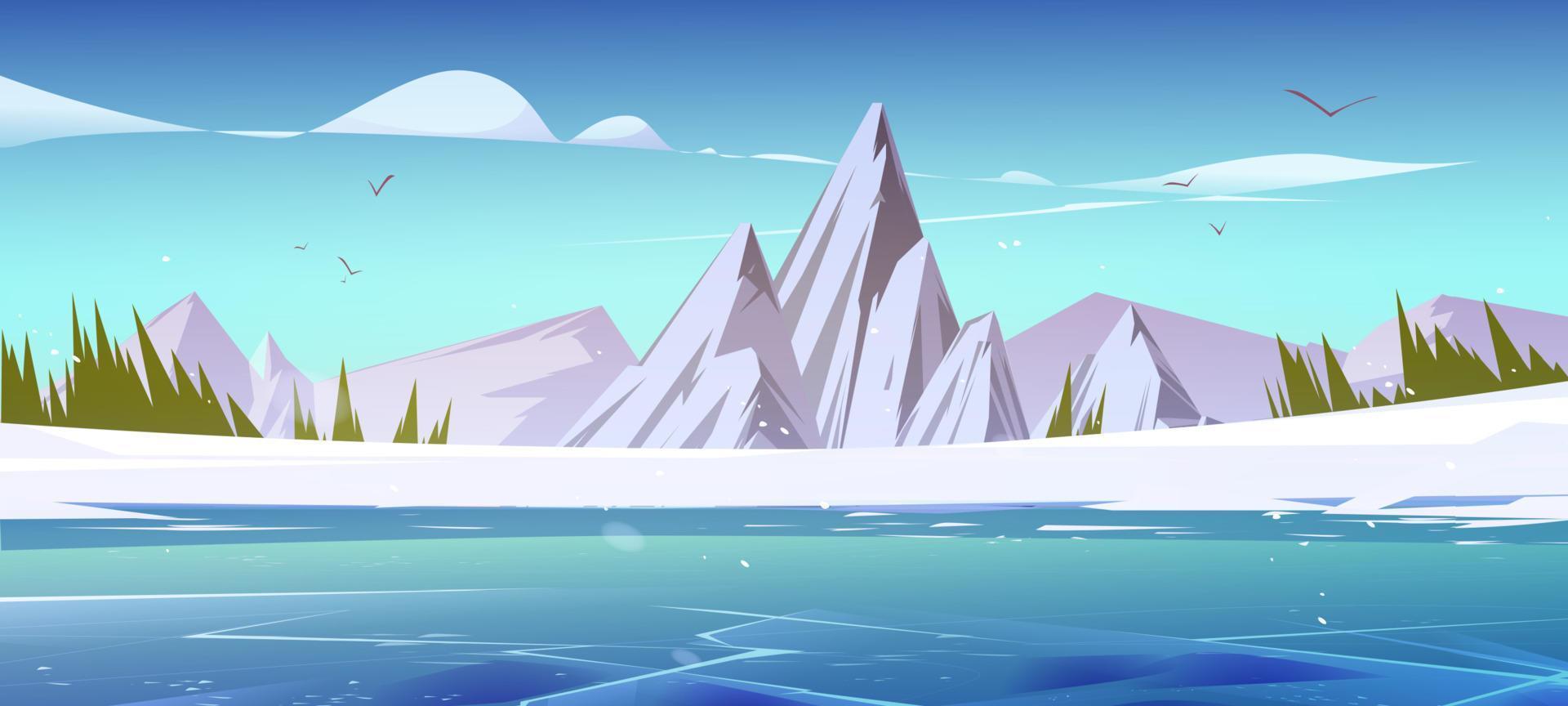 Winter mountains and frozen pond scenery landscape vector