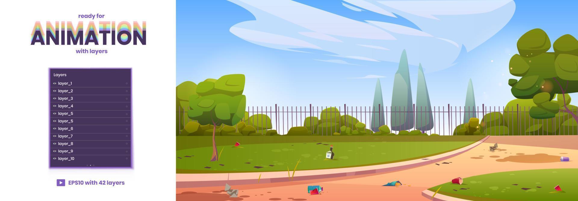 Dirty city park with scatter garbage background vector