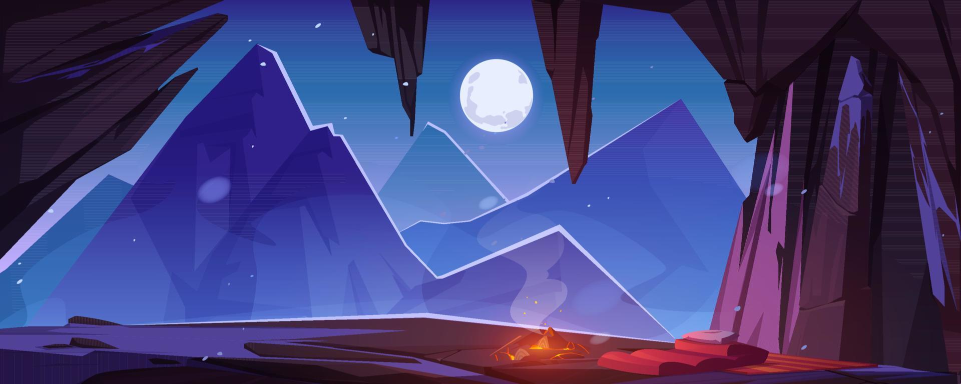 Cave in mountain with campfire and sleeping bag vector