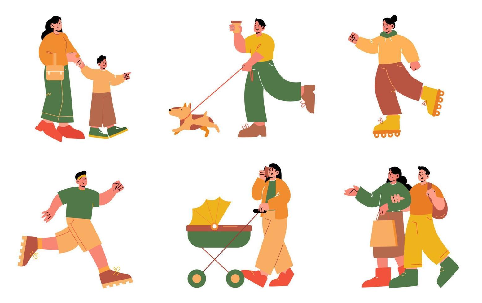 People walk with dog, baby carriage, kid, jogging vector