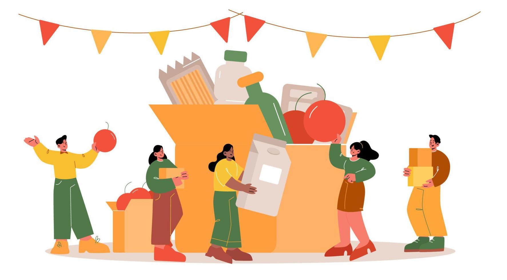 People donate food filling cardboard donation box vector