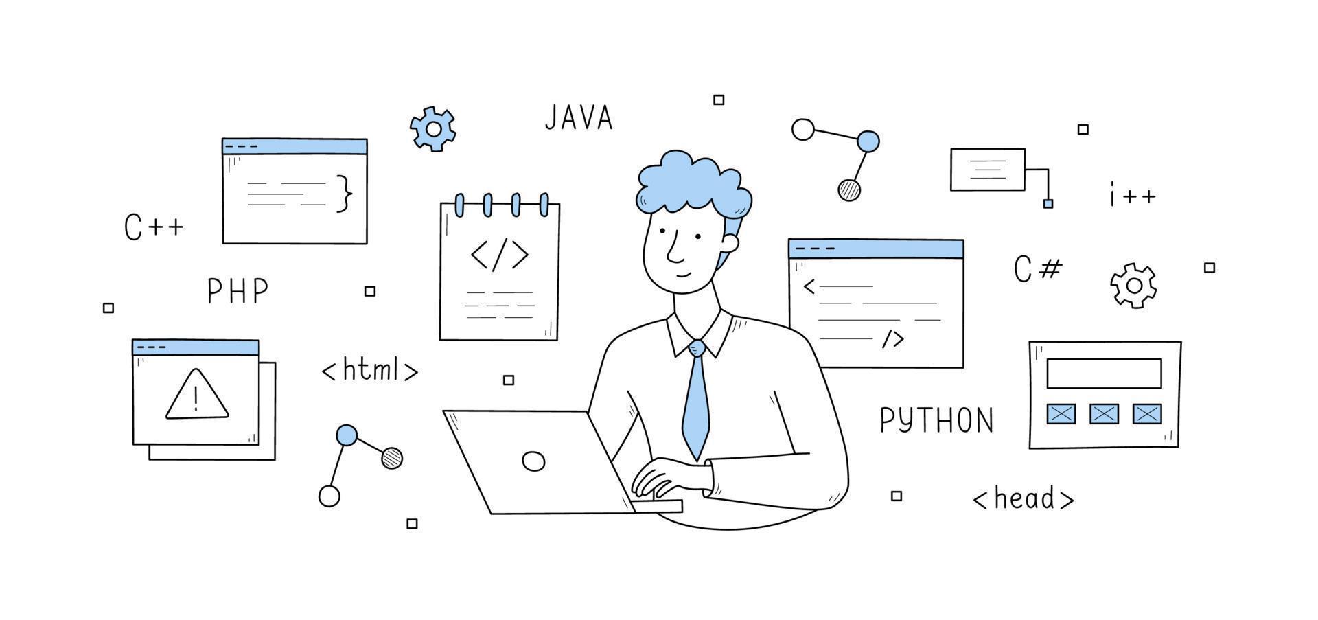 Programmer develop code doodle concept, developer vector