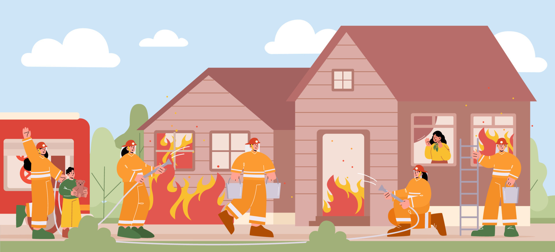 Group of firemen fighting with fire at burn house 13717355 Vector Art