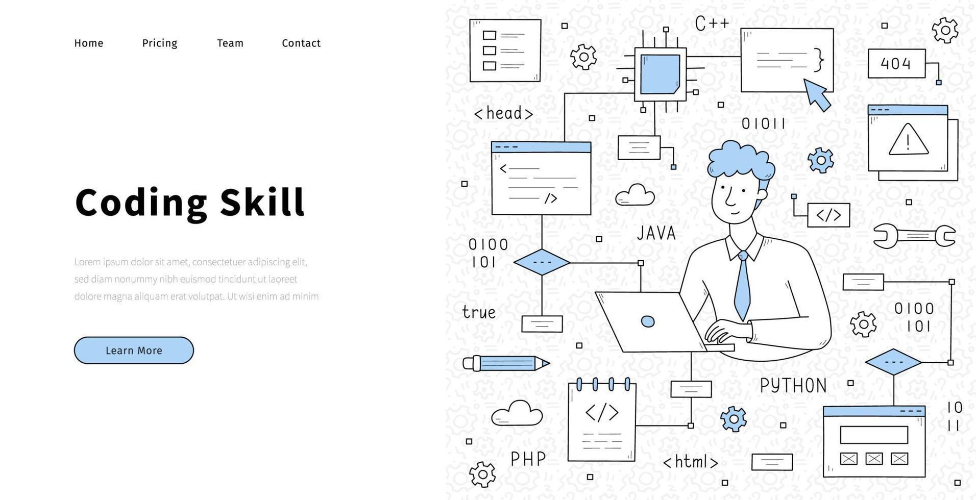 Coding skill doodle landing page with programmer vector