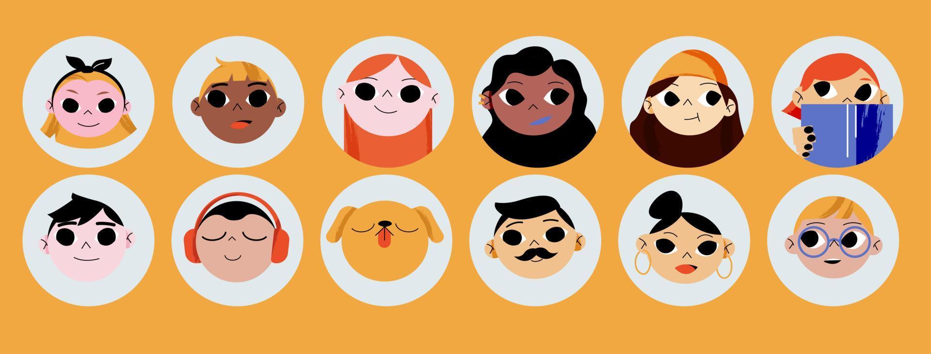 Set of people or pets avatars isolated round icons vector