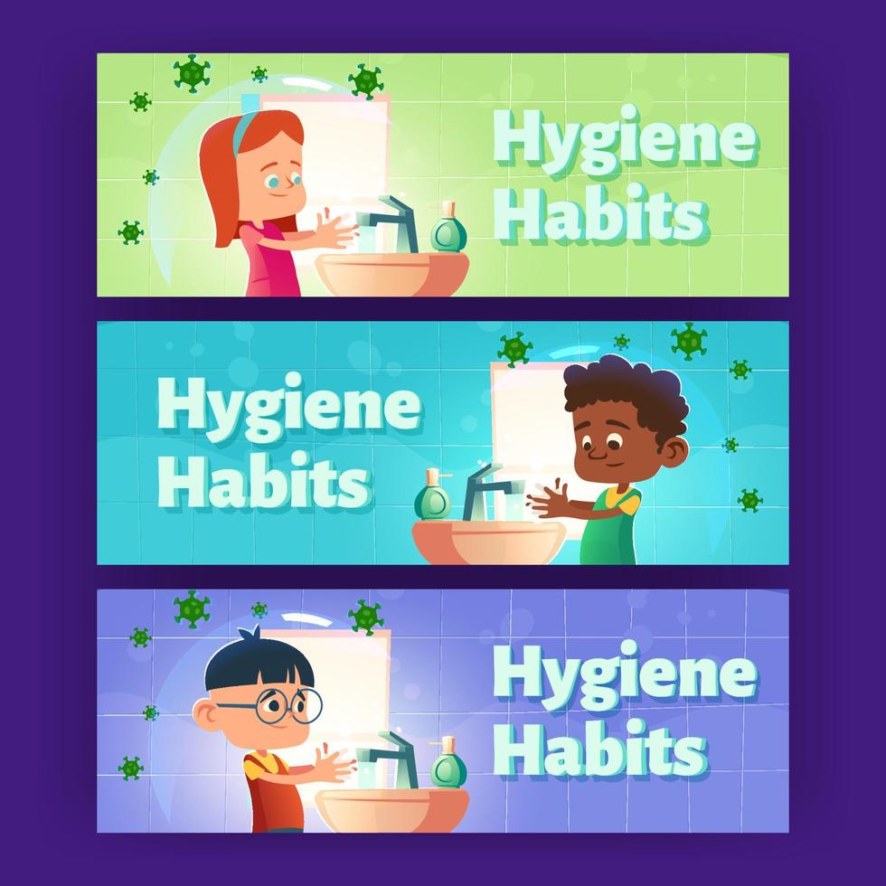 Hygiene habits cartoon banners, children wash hand 13717373 Vector Art ...