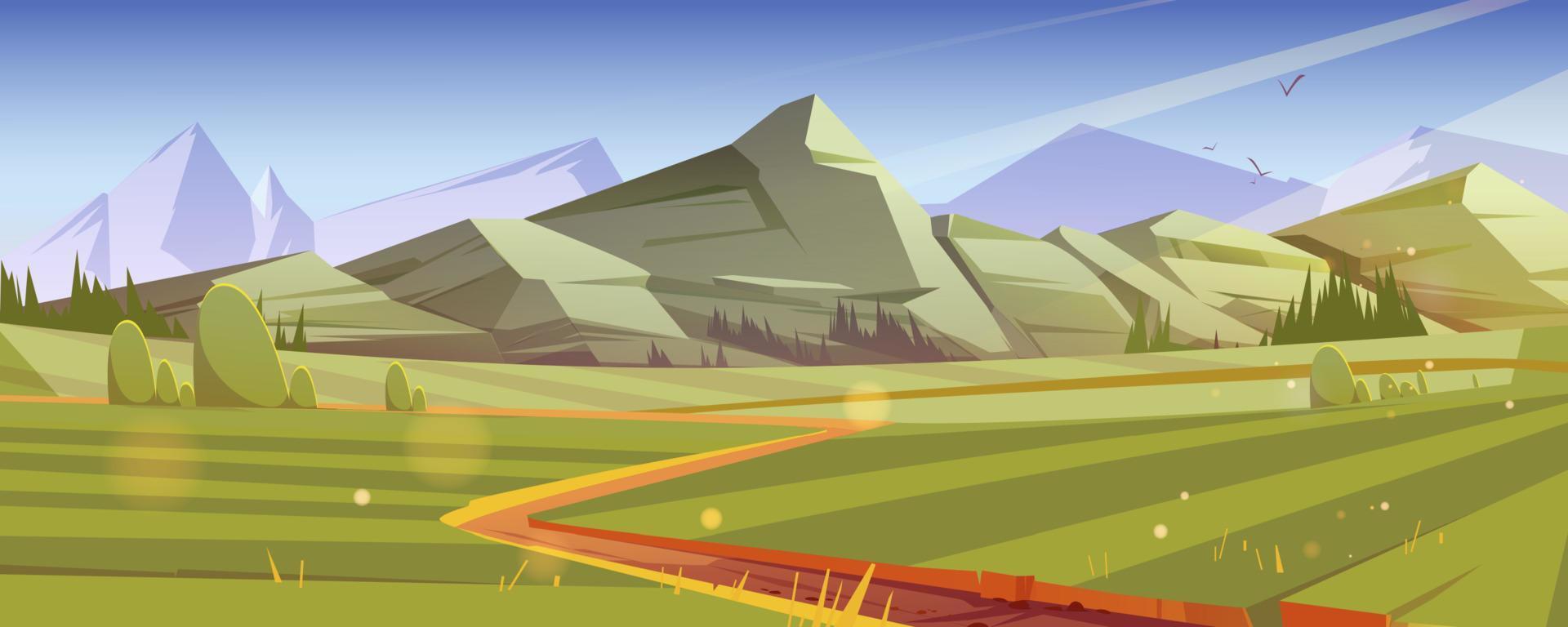 Green meadows and road in mountain valley vector